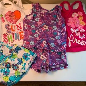 Three summer tops 9-12 & 1 two piece set 12-18 mo.